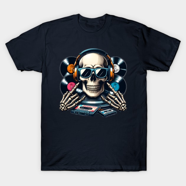 Skull head with headphones and sunglasses in a retro style. T-Shirt by EPDICAY